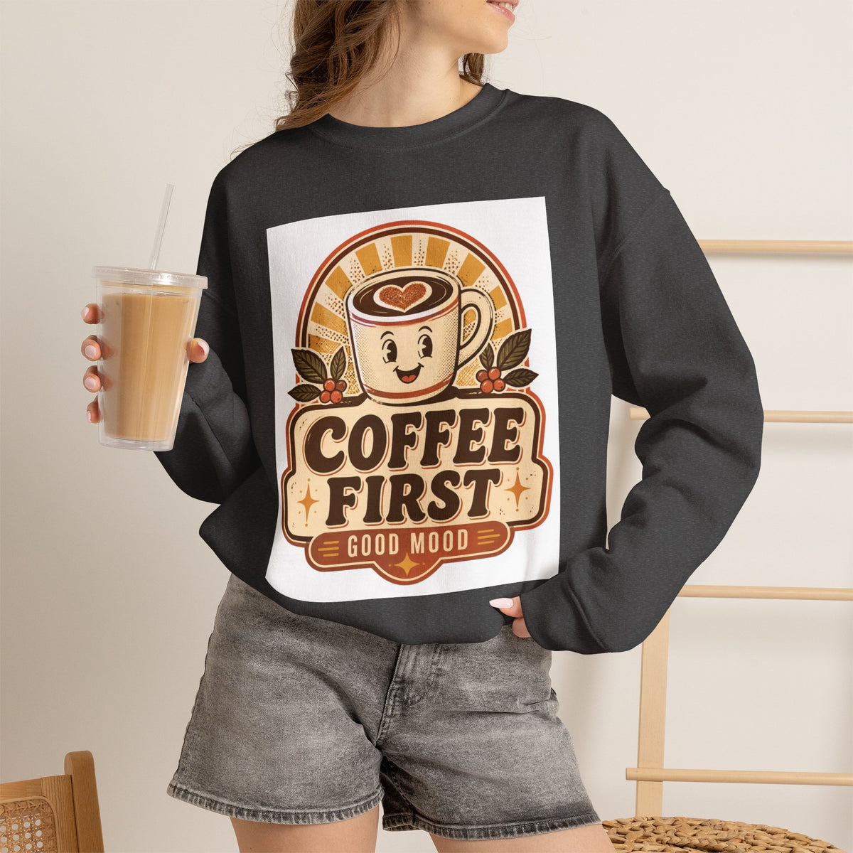 Coffee First Crewneck Sweatshirt — Retro Cute Coffee Cup "Good Mood" Graphic