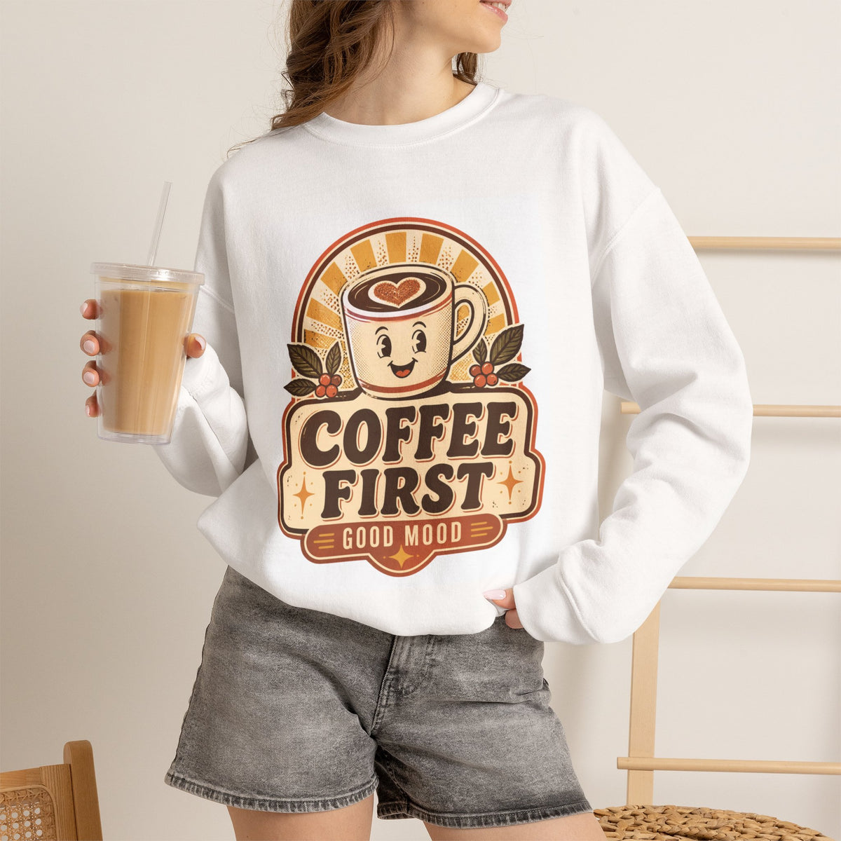 Coffee First Crewneck Sweatshirt — Retro Cute Coffee Cup "Good Mood" Graphic