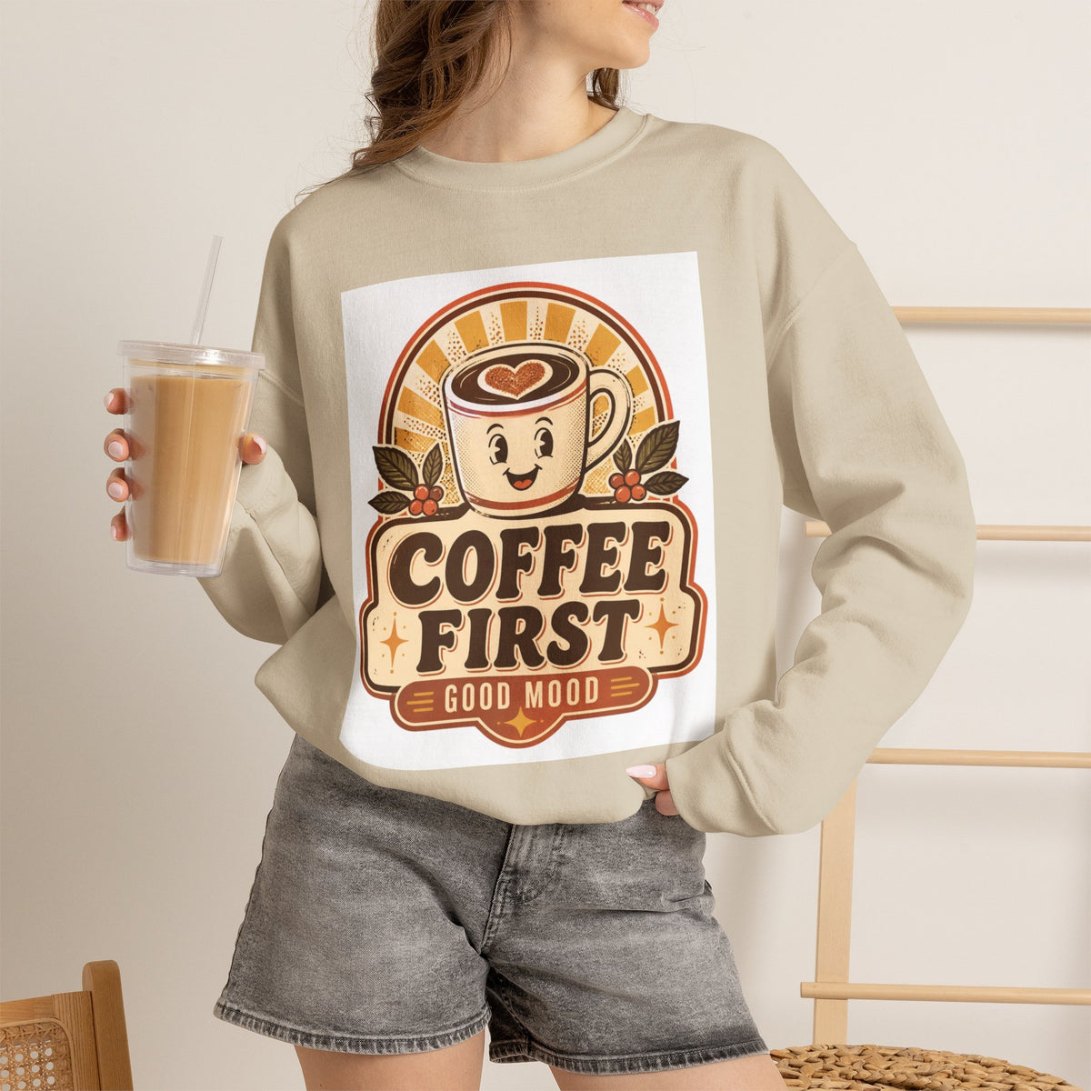 Coffee First Crewneck Sweatshirt — Retro Cute Coffee Cup "Good Mood" Graphic